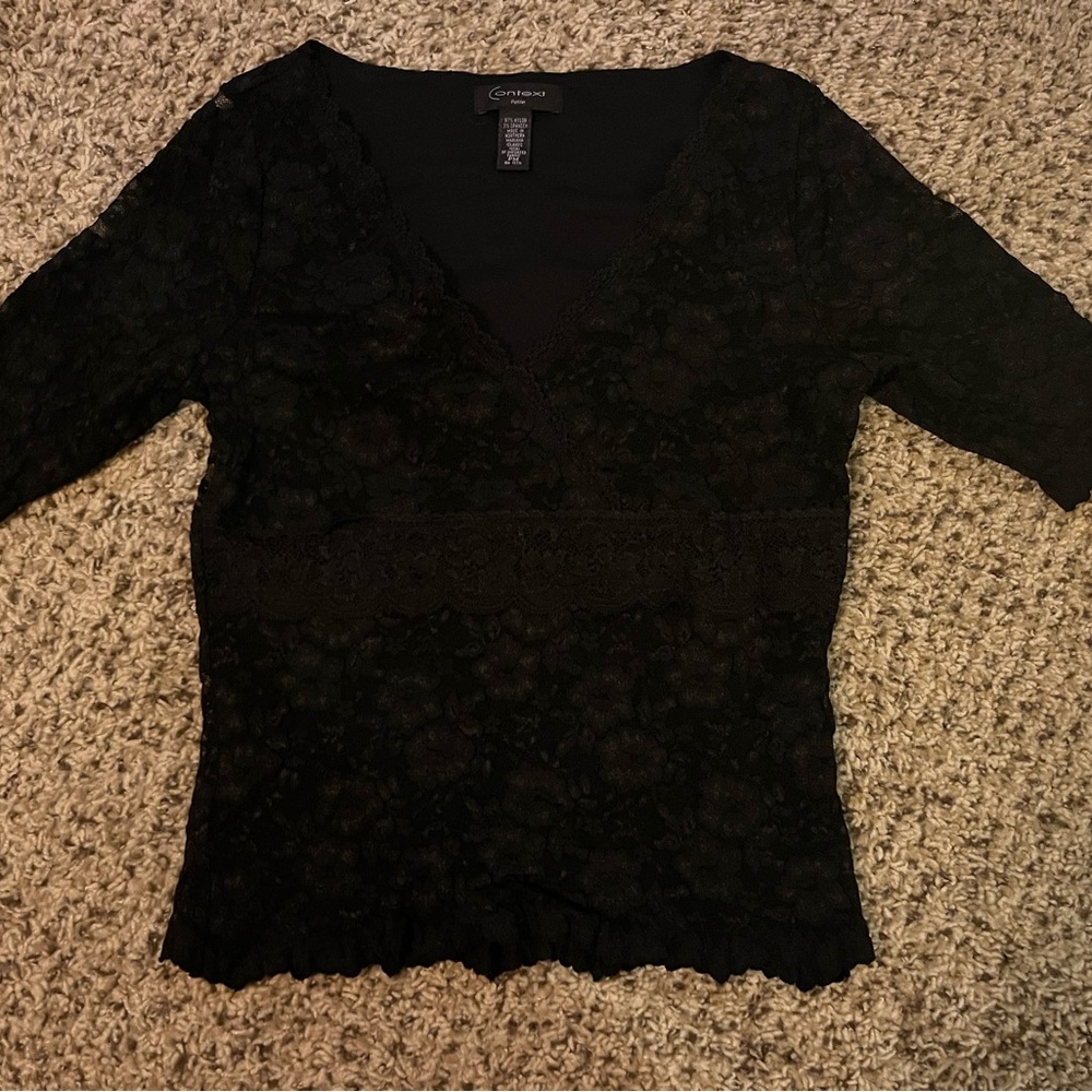 90s Black Lace V-Neck Top